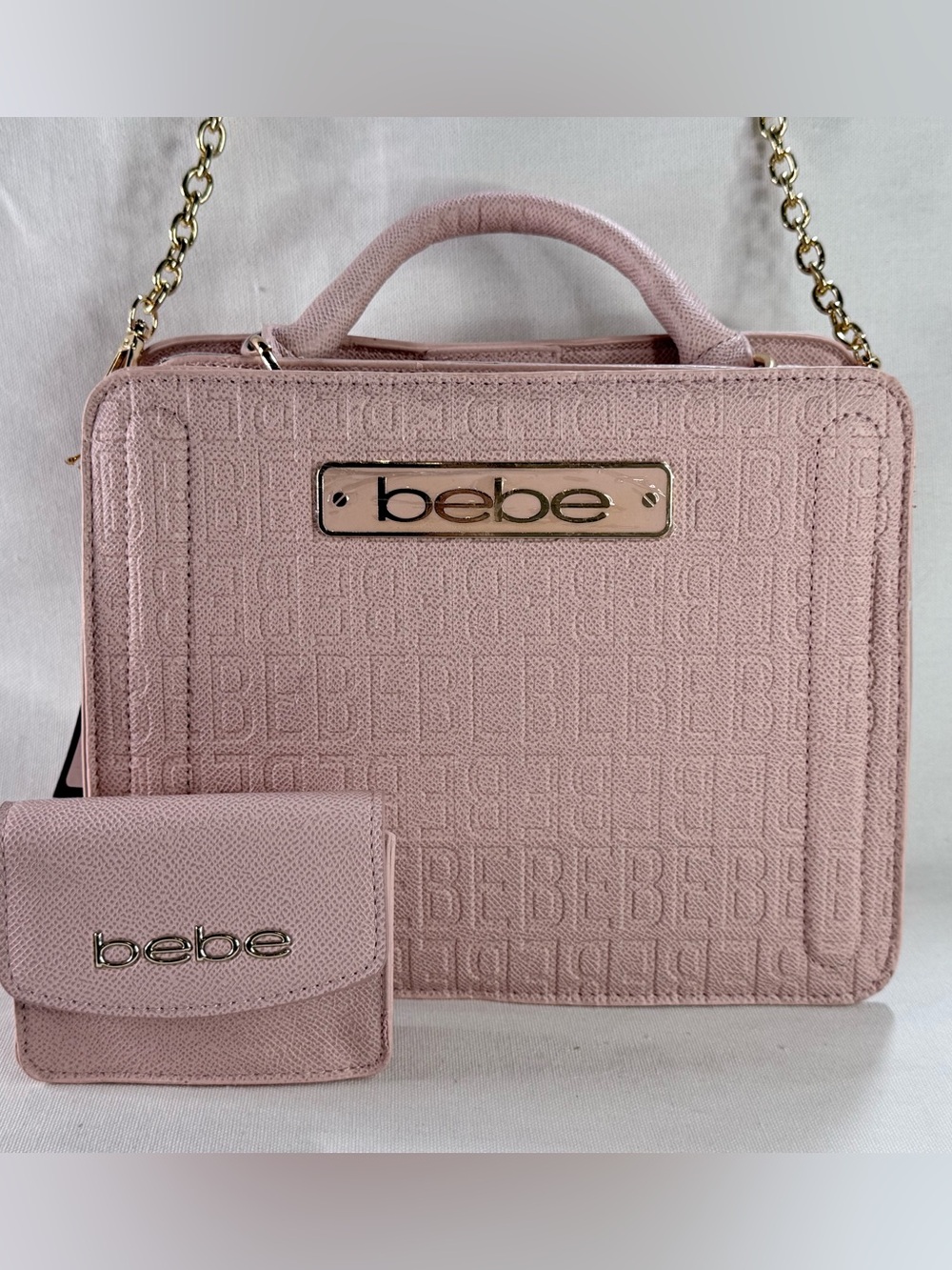bebe Powder Pink Embossed Thea Satchel bag with Matching Wallet